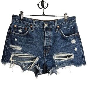 Levi’s 501 Button Fly Denim Shorts Dark Wash Distressed Raw Hem W29
